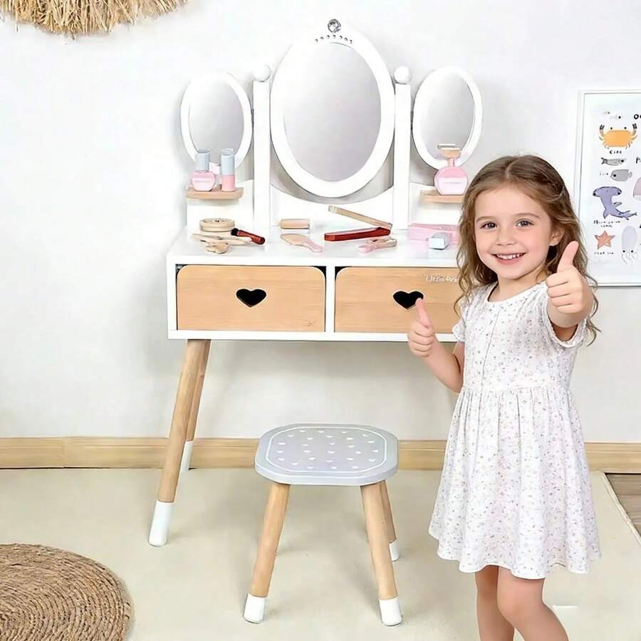 Juego de Madera Tocador para Niñas con Espejo, Mesa de Maquillaje y Juego de Imitación para Princesitas, Madera Resistente De Maquillaje Vanity Set Blanco, Cajones para Guardar Juguetes y Accesorios, Esconde la alegría de la infancia en un regalo, En el Día del Niño, regala a los niños una felicidad tangible - Blanco - Ver 1