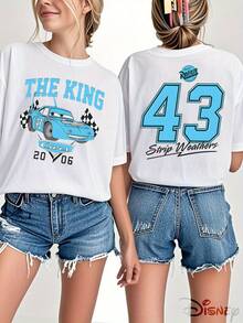 Disney Official Licensed, Disney Cars, The King, Strip Weathers, #43, THE KING, Double-Sided Print, 100% Cotton, Crew Neck T-Shirt, Retro Racing Style, Casual Wear, Spring & Summer Top, Disney Merch, Fan Collectible - White - View 1