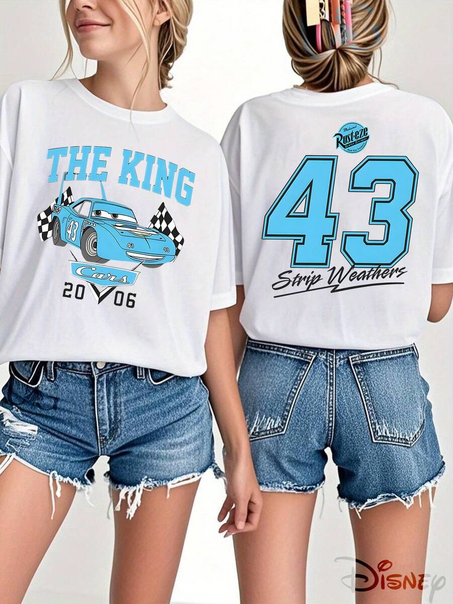 Disney Official Licensed, Disney Cars, The King, Strip Weathers, #43, THE KING, Double-Sided Print, 100% Cotton, Crew Neck T-Shirt, Retro Racing Style, Casual Wear, Spring & Summer Top, Disney Merch, Fan Collectible - White - View 1