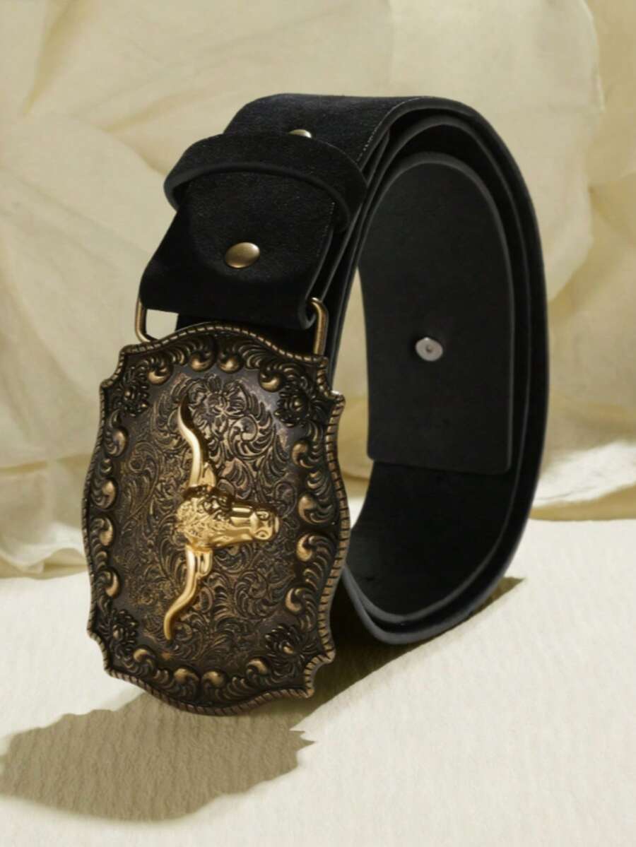 1条男士复古牛头扣皮带，经典雕刻PU皮革时尚配饰，西部风格休闲服饰 - 黑色 - 查看 1