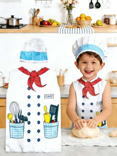 儿童厨师服装套装，包含帽子和围裙 - 适合男孩女孩玩耍，可用于厨房玩具、烹饪和烘焙角色扮演，是幼儿的理想选择，非常适合万圣节、圣诞节、生日派对、学校表演，也是送给3-8岁儿童的礼物。