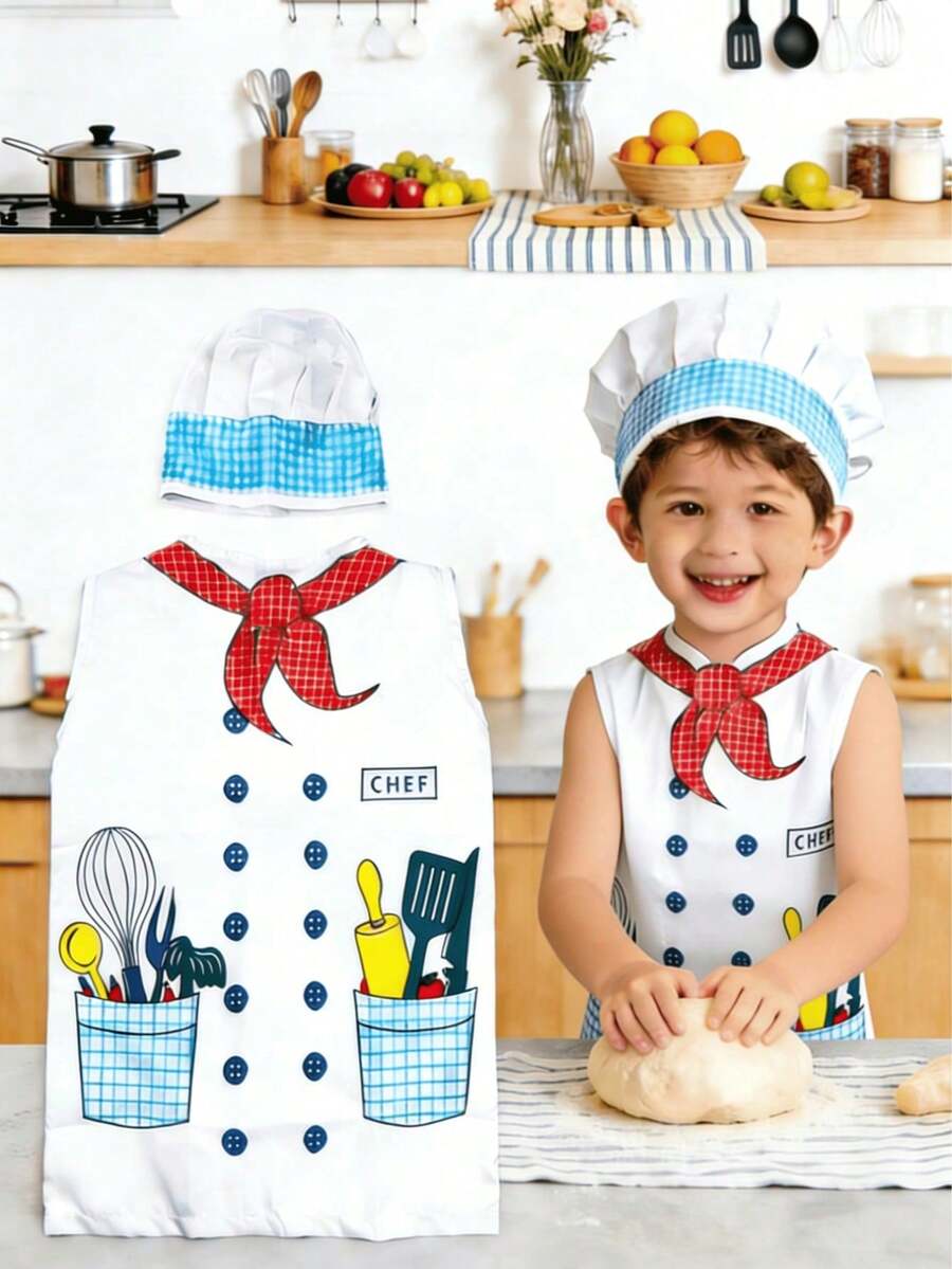 儿童厨师服装套装，包含帽子和围裙 - 适合男孩女孩玩耍，可用于厨房玩具、烹饪和烘焙角色扮演，是幼儿的理想选择，非常适合万圣节、圣诞节、生日派对、学校表演，也是送给3-8岁儿童的礼物。 - 彩色 - 查看 1