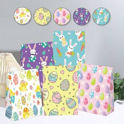 24 pezzi/confezione Sacchetti di carta colorati con motivo di coniglietti pasquali, per caramelle e spuntino, confezioni regalo per feste e vacanze
