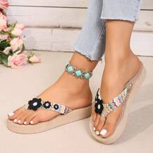3cm PP Grass Flower Thong Sandals For Women, Flat Heel, Summer Beach Wear, Versatile Flip Flops, Non-Slip - Brown - View 9
