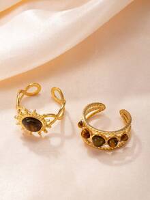 2件套不锈钢虎眼石太阳戒指套装，时尚优雅，适合女性日常、节日、约会、订婚、婚礼、外出、派对等场合佩戴。 - 金色 - 查看 2