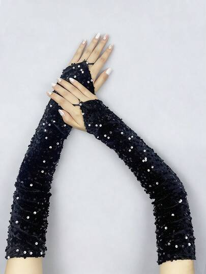 1 Pair Sequin Reflective Gloves For Stage Performance, Long Fingerless Gloves For Cosplay, Party, Dance Show