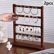 2pcs Multi-Layer Walnut Wood With Iron Hook Jewelry Stand, Elegant Wooden Multifunctional Display Rack For Bracelets, Earrings, Necklaces, Minimalist And Easy To Assemble, Suitable As A Gift - 2 Pcs Walnut Wood - View 7