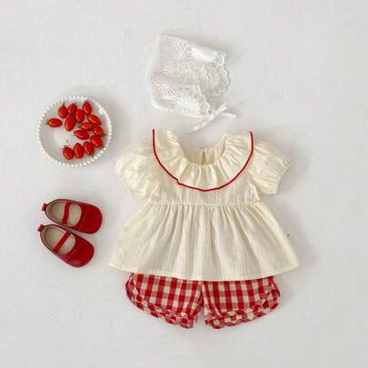 Summer New Baby Clothes, Baby Girl Set, Ruffle Collar Short Sleeve Top + Red Plaid Shorts Set, Casual 2-Piece Outfit