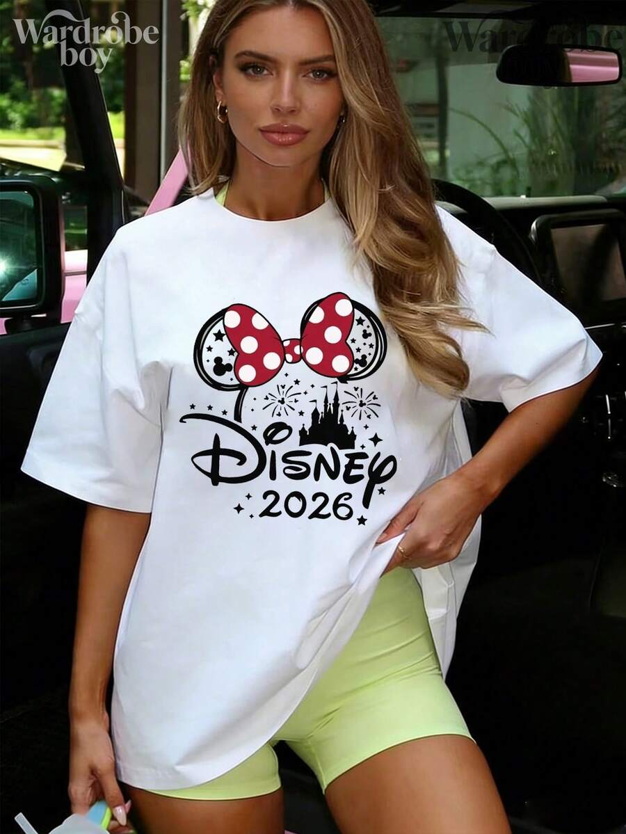 Disney Printed T-Shirt,  Genuine Disney Has Been Authorized, Minnie's Head Is Like Disney Castle And Disney 2026. Disney Pattern Printing-Short-Sleeved Cotton T-Shirt, Unisex,High-Quality Pure Cotton T-Shirt,Suitable For All Seasons, Comfortable And Breathable| Exquisite Design | The Best Choice For Giving Gifts - 白色 - 查看 1