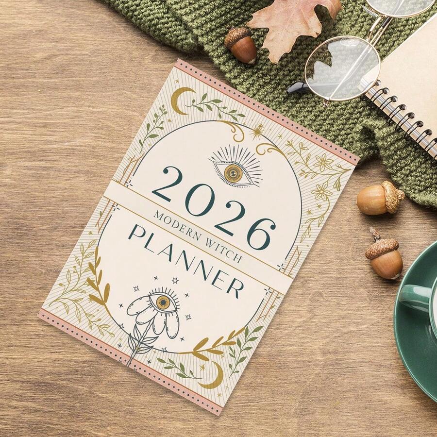 1 cuốn sổ kế hoạch và sổ tay xoắn lò xo hiện đại năm 2026 dành cho phù thủy - Sổ tổ chức cá nhân 117 trang với bảng tầm nhìn, theo dõi chu kỳ mặt trăng và các trang kiểu bài Tarot, trang thiết lập dự định và mục tiêu hàng năm, lịch tuần và tháng dạng rời dành cho phụ nữ có đời sống tâm linh.