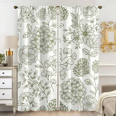 2PCS, Multi-Color, Green Line Art Floral & Leaf Pattern, Minimalist Botanical Style, Printed Curtains, 100% Polyester Fabric, Rod Pocket Style Printed 2-Panel Curtains, Unlined, 90gsm, 180cm Width, Ideal For Bedroom, Living Room, Dining Room, Bathroom, And Outdoor Curtains