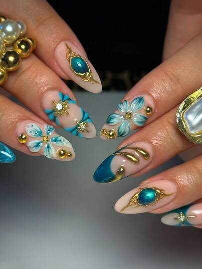 24pcs/Set French Almond-Shaped Green Cat Eye Gemstone Gilded Floral Cross Rhinestone Decor Sweet Press-On Full Cover False Nails With 1pc Jelly Gel And 1pc Nail File, Adding A Romantic Touch To Make You Look Adorable For Daily Dates