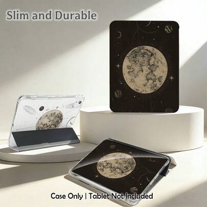 1 pieza Funda protectora para tableta con diseño de estrella y luna pintado, adecuada para Honor, Apple y otras marcas, plegable anti-doblado, función de encendido/apagado automático, ranura para bolígrafo incorporada, soporte plegable de tres pliegues - Protección diaria perfecta, gran regalo para días festivos