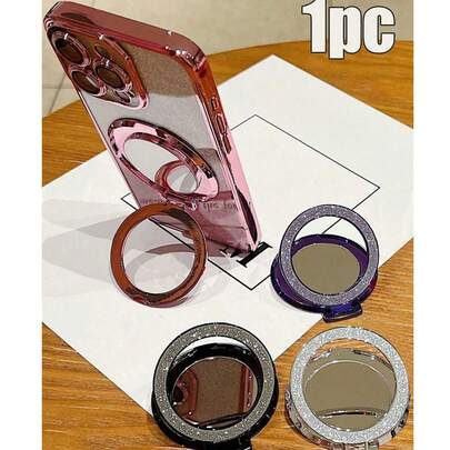 1pc Magnetic Glitter Mirror Stand, Multifunctional Makeup Mirror With Adhesive Ring Clip, Cosmetic Tool, Travel Essential, Foldable Mirror With Phone Holder, Compatible With Iphone/Android, Birthday/Family/Friend Gift, Phone Accessory, Christmas/Valentine's Day Gift