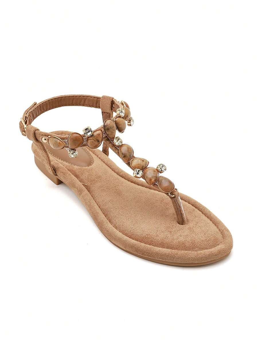Sandales Plates Bijoux à Entre-doigt – L’Éclat Bohème Chic pour l'Été - 駝色 - 查看 1