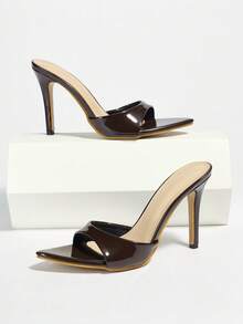 Women's High Heel Mirror Mule Shoes, Classic Style For Spring/Summer, Suitable For Night Party, Banquet, Outdoor, Fashion Street, Runway, Home & Casual Wear. Pointed Toe, Thin High Heel, Sexy Open Toe Design, Slip-On, High-Quality Solid Color Material, Elegant And Mature Coffee Brown Color, Fashionable High Heels - Coffee Brown - View 7