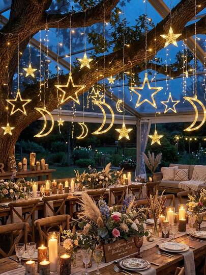 LED Star Moon Curtain Lights, Suitable For Eid Mubarak And Ramadan Home Decor, Romantic Wedding Party Background, Warm White Battery Operated Twinkling Star Moon Fairy Outdoor Lights, Bridal Shower And Engagement Party Decor, Boho Shimmering Bright Window LED String Lights, Crescent Moon Star Hanging Lights For Eid Mubarak Gifts, Islamic Ramadan Holidays Home Decor, 2 Lighting Modes, Applicable For Bedroom Wall, Birthday Party, Yard Lawn, Restaurant, Exhibition, Office, Ramadan Decoration, Eid Al-Fitr And Eid Al-Adha