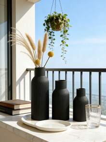 1 pezzo Semplice vaso nero a costine, dall'aspetto simile alla ceramica, adatto per la decorazione autunnale/invernale della casa, ideale per esporre fiori secchi, regalo perfetto per soggiorno, ingresso, finestra a bovindo, tavolo da pranzo - A - Visualizzare 9