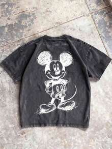 Disney UNIHLO  Mickey Printed Summer Heavyweight Retro Washed Street Fashion Casual T-Shirt - màu đen - Xem 2