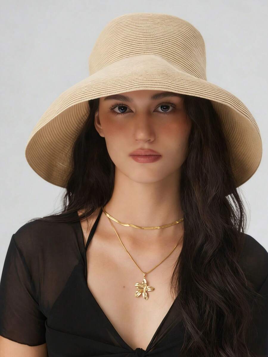 1 pieza Sombrero de paja para mujer, sombrero de ala ancha para playa, viaje, vacaciones, protección UV, primavera/verano - Beis - Ver 1