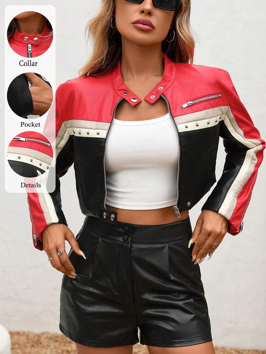 Women's Faux Leather Jacket With Rivets, Motorcycle Biker Style Y2K Bomber Jacket