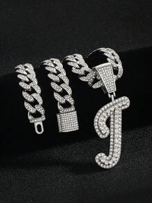 嘻哈风镶钻链，配定制草书字母吊坠，镀金项链，个性化首字母首饰 - 嘻哈字母項鍊 - 查看 53