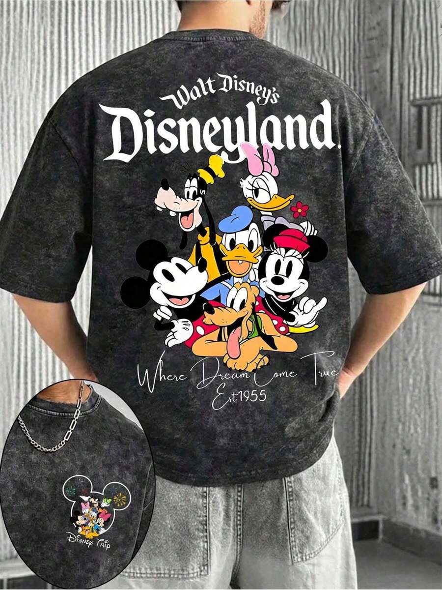 T-shirts Disney pour couples, 100% coton, 230g, adorables t-shirts Mickey Mouse à col rond, design détaillé et éclatant, tissu résistant et facile d'entretien, adaptés à un usage quotidien, aux trajets domicile-travail et à d'autres occasions. - Noir - Voir 1