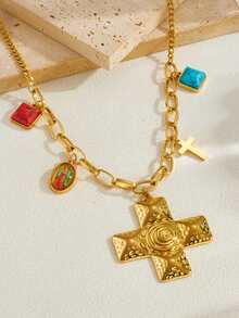 1pc Punk Retro Gold-Plated Block Paste Aimulation Turquoise Accessory Cross Pendant Necklace Three-Dimensional Splicing Threaded Cross Stainless Steel Collarbone Chain - Multicolor - View 2