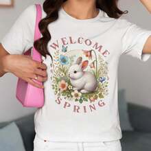 Welcome Spring T-Shirt White Bunny Floral Mother's Day Gift March April Easter Shirt Rabbit Tshirt Cute Unisex Jersey Short Sleeve Tee - 白色 - 查看 1