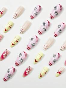 Instantly Upgrade Your Look With 24pcs Nail Patches, Medium To Long Almond Nails, Ins Style Nail Chips, Classic French Nails, Yellow Flowers, Starfish, Bikini Pattern Design, Modern Creative Fake Nails, Fresh And Beautiful Nail Kit, Suitable For Girls, Office Women, Daily, Dating, Holiday, Party Nail Supplies, Spring And Summer Press Style Fake Nails - Multicolor - View 3