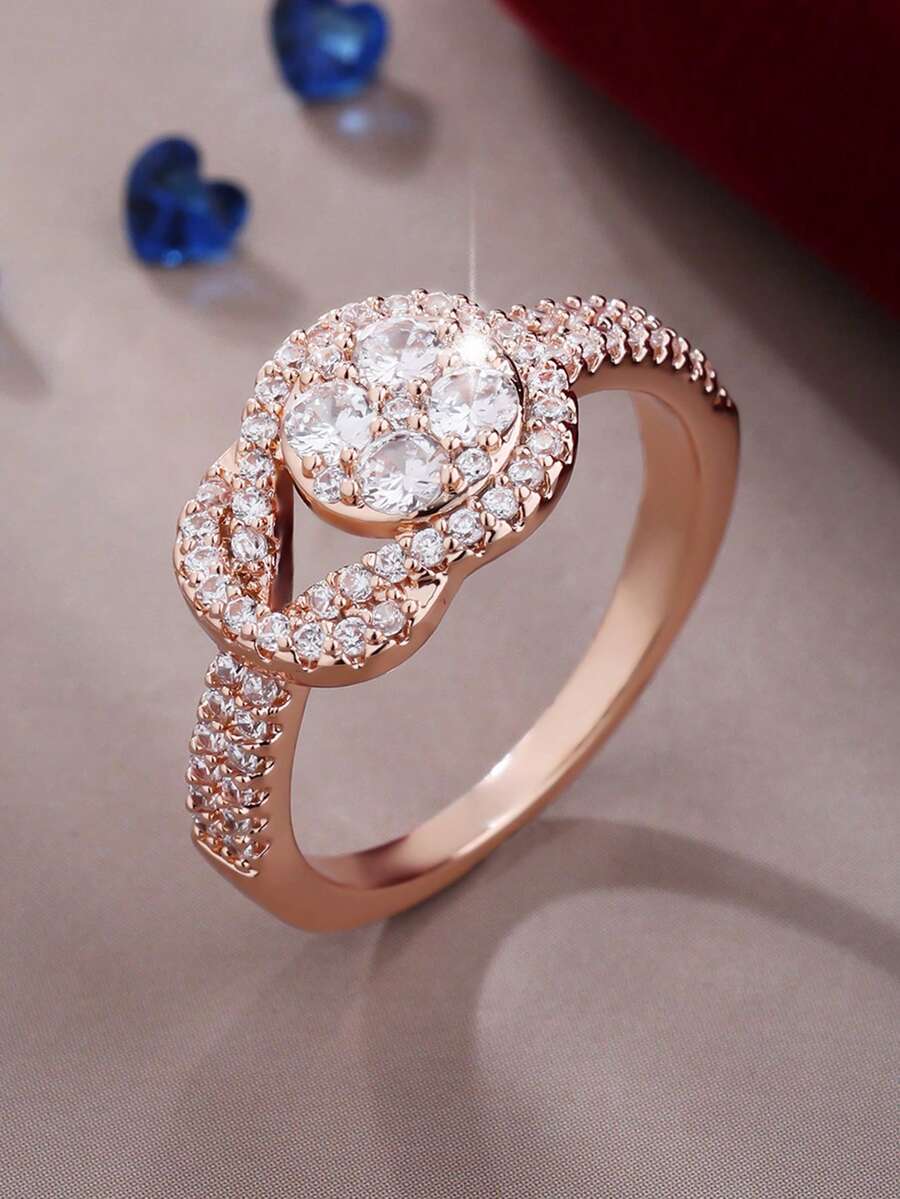 1枚时尚创意结饰戒指，镶嵌闪亮宝石，优雅的订婚/结婚礼物，送给妻子/女儿 - 玫瑰金 - 查看 1