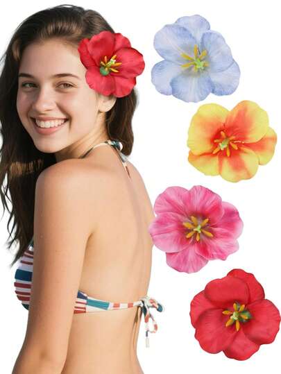 4 件装夏威夷花朵发夹，女士鸡蛋花芙蓉花发夹，人造花发卡，适合度假海滩派对