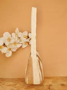 Beige & White Striped Straw Shoulder Bag, Large Capacity Woven Tote Bag, Women's Summer Beach Handbag, Casual Vacation Purse - Apricot - View 6