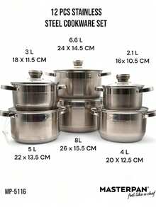 12-częściowy zestaw garnków gazowo-indukcyjnych MASTERPAN ze stali nierdzewnej. Naczynie żaroodporne 1,4 litra, 14 x 9,5 cm, z pokrywką: idealne do małych i średnich potraw, zapewniające wszechstronność w codziennym gotowaniu. Naczynie żaroodporne 3 litry, 18 x 11,5 cm, z pokrywką: idealne do różnorodnych przepisów, zapewniające elastyczność w przygotowywaniu posiłków. Naczynie żaroodporne 3 litry, 18 x 11,5 cm, z pokrywką: kolejna opcja do średniej wielkości posiłków. - Zobacz 8