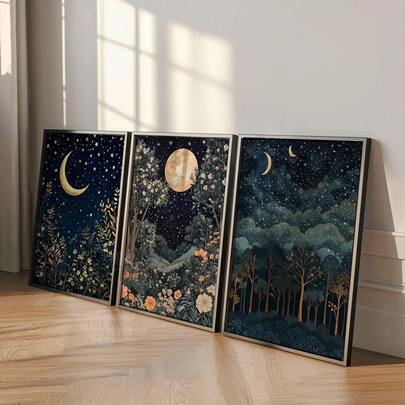 3pcs/Set Decorative Painting, Retro Poster, William Morris Art Print, Moonlit Starry Forest Oil Painting Cloth Painting, Living Room Decor,Home Decor,Room Decor,Wall Decor,Bedroom Decor, Aesthetic Design, Gift Collection, Housewarming Gift, Frameless Mounting