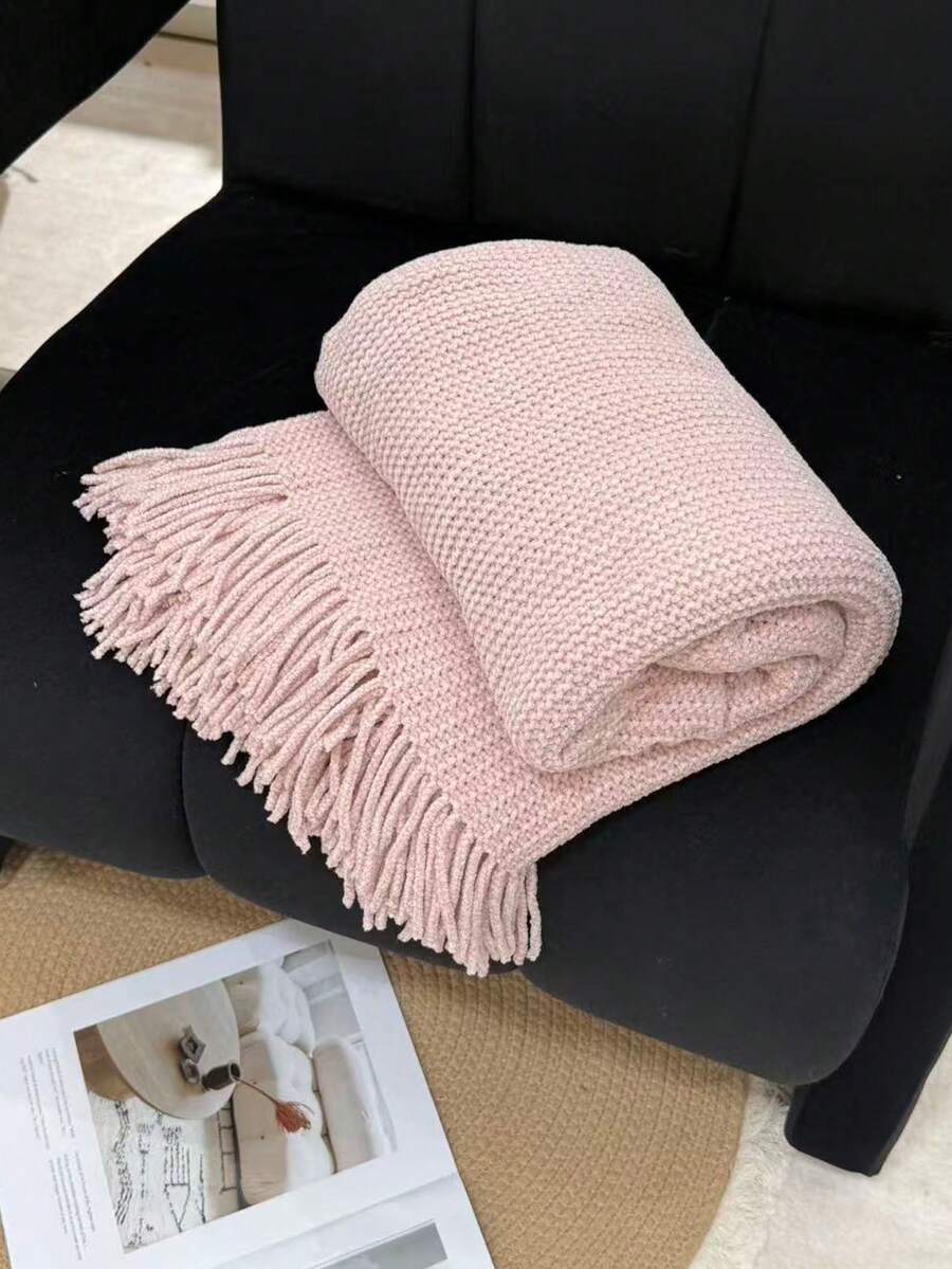 1 Diamond Grid Textured Knit Throw Blanket, Soft And Comfortable, Suitable For All Seasons, Suitable For Sofa, End Of Bed, Travel, Home Decor - Mixed Color Geometric Pattern, Acrylic Fabric - Finely Woven Chenille Pink - View 1