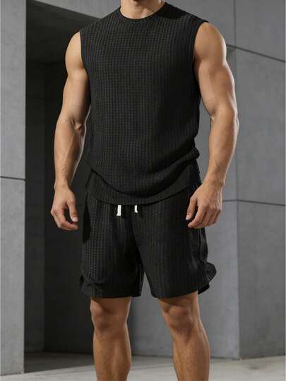Men's 2 Piece Black Waffle Textured Tank Top & Shorts Set Crew Neck Sleeveless Casual Summer Outfit