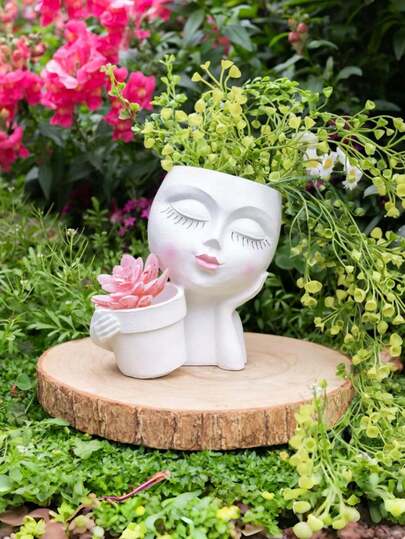 1pc Face-Shaped Flower Pot, Suitable For Indoor And Outdoor Plants - Unique Face-Shaped Flower Pot, Resin Material, Succulent Planter, Patio Garden Decoration, Suitable For Home Decoration, Patio Decoration, Wedding Decoration, Mother's Day Gift, A Great Gift For Friends, ( ) White And Brown)
