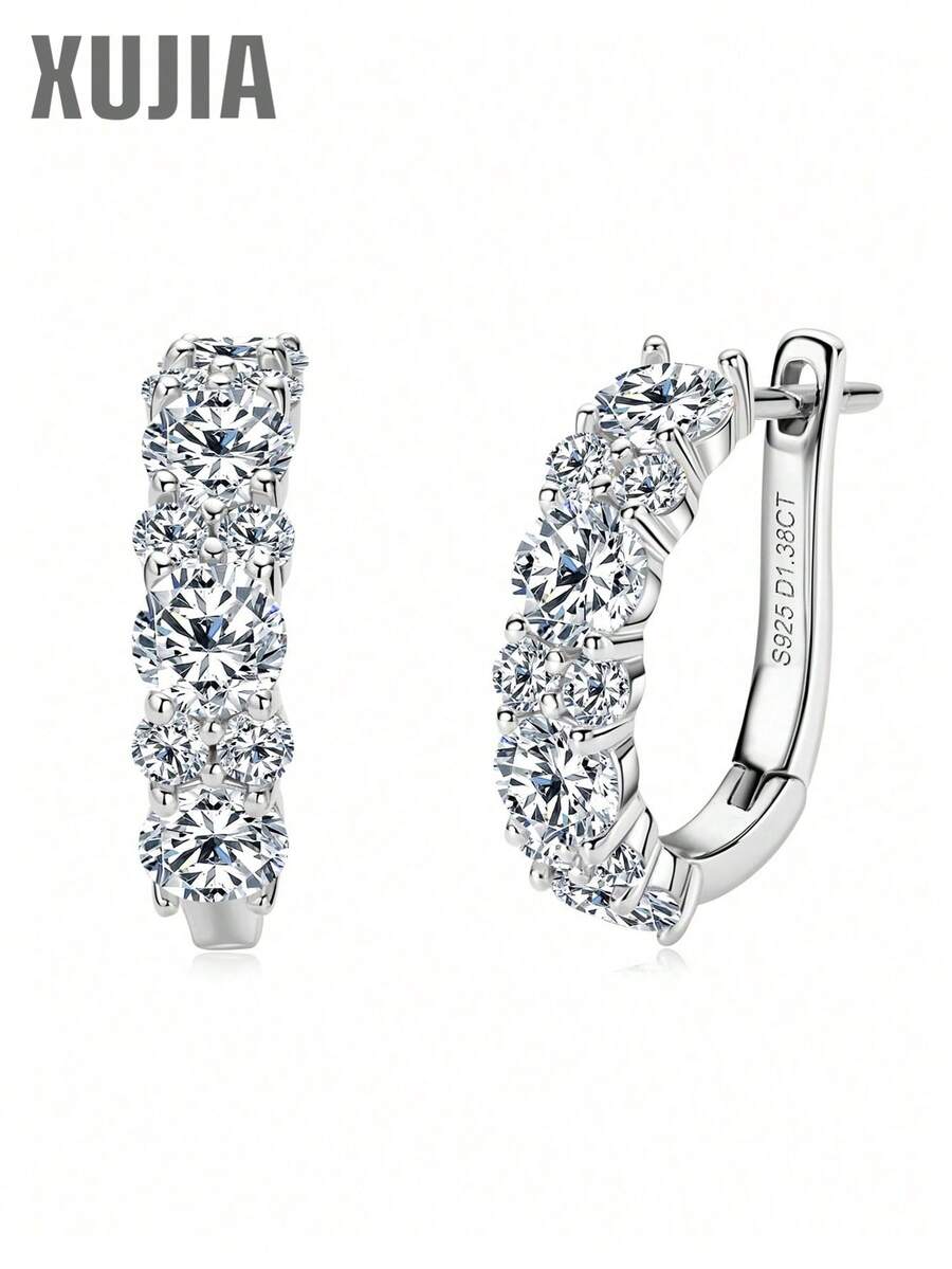XUJIA 1 Pair (1.38 Carat + 1.38 Carat) Moissanite Earrings, 925 Sterling Silver, 4mm And 2mm Round Cut Moissanite Earrings, Fashion Earrings For Women, Jewelry Gift - Silver - View 1