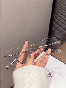 1 Paar Damen Randlose Metall Silberfarben Transparente Brille, geeignet für Outdoor-Aktivitäten, Geschäftsanlässe, Lesen, Straßenfotografie und Modeaccessoires. Kann mit Sehstärke-Gläsern ausgestattet werden. - A - Übersicht 5