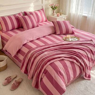 2/3 piezas Juego de ropa de cama con diseño de dibujos animados, sábanas suaves y transpirables, juego de funda nórdica con estilo de dibujos animados amigable con la piel, resistente a las arrugas, textil para el hogar lindo, funda nórdica y funda de almohada a rayas, se adapta a camas individuales/dobles/queen, adecuado para todas las estaciones, decoración de dormitorio/residencia universitaria de moda y adorable, lavable a máquina