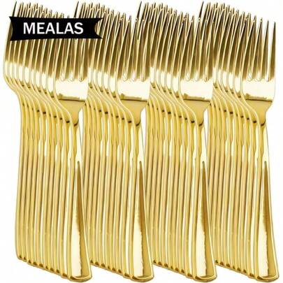 Gold Stainless Steel Reusable Cutlery Set (Forks, Spoons, Cake Forks, Dessert Spoons, Salad Forks, Pasta Forks And Spoons), Washable And Reusable High-End Tableware, Suitable For: Birthday, Wedding, Party, Family Gathering, Team Building, Outdoor BBQ, Camping, Banquet, School Supplies, Graduation Ceremony, Holiday Party And More Occasions (Full Cutlery Set, Full Kitchen Cutlery Set, Cutlery, Gold Cutlery)