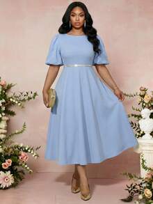 Fleurora 春夏优雅通勤办公室卡其色针织圆领喇叭泡泡袖中长短袖大码连衣裙女士办公室服装女士连衣裙优雅夏季女士服装 - 藍色 - 查看 4