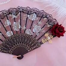 Vintage Spanish Flamenco Rose Lace Folding Fan - Elegant Black Handheld Fan, Suitable For Party And Wedding Decorations, Unisex Room Decoration - 1個 - 查看 5