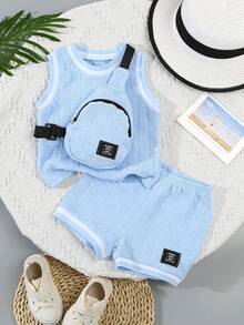 Bhchntiy 3 Stücke/Set Kleinkind Jungen Sommer Neue Rippkragen Strukturstoff Einfarbig Weste, Shorts und Umhängetasche Lässiger Modischer Outfit - Blau - Übersicht 3