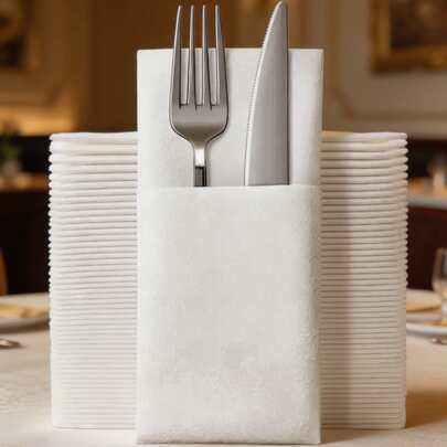 50pcs Disposable Party Napkins With Built-In Utensil Pockets, Party & Dining Table Accessories, White Linen-Like & Highly Absorbent - Elegant Table Setting For Ramadan Iftar, Eid Feasts & Weddings | Mess-Free Dining, Saves Time On Cleanup