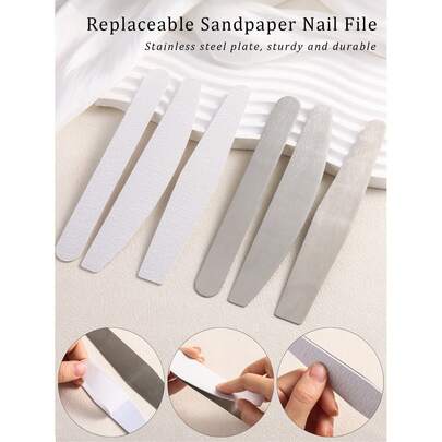 可替换砂纸条和不锈钢板，可重复使用且可清洗，不浪费，半月形、椭圆形、菱形专业指甲锉，指甲修剪工具，海绵抛光条