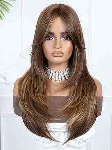 24 Inch Brown Highlighted Natural Layered Wig With Bangs, Elegant Brown Long Straight Wig For Women, Suitable For Daily, Party, Cosplay, Gift - Blonde Highlight - View 3