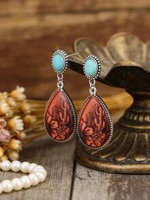 Pendientes de botón con flor de resina rojo-marrón estilo bohemio, pendientes de gota de turquesa verde en capas - Multicolor - Ver 5