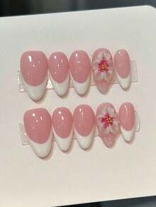10 Pcs Handmade Nail Art Patches Nails, Handmade Full Coverage French Square Medium Length, 3D Hand-Painted Floral Design, Glossy, Pink And White, Elegant And Lovely Almond Shaped High-End Minimalist Vacation Style Three-Dimensional Carved Elegant Nail Art, Cute And Spicy Girl Nail Art Suitable Women And Girls' Daily And Party Wear, Fully Covered Nails Press On Nails Long Nail Supplies - 彩色 - 查看 2